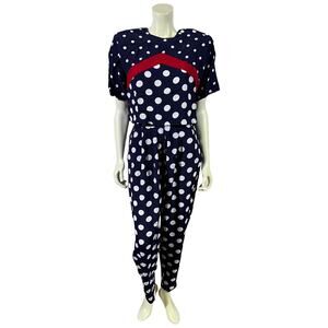 Vintage Et Al Polka Dot Crop Top & High Waist Pants Set Navy/White/Red Size 10